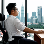 **

A person working comfortably at a desk in a modern Malaysian office, sitting in an ergonomic chair with excellent lumbar support. Focus on the chair's adjustable features and breathable mesh material. The background should subtly show a Malaysian cityscape through a window.

**