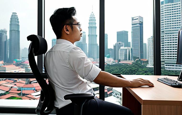 **

A person working comfortably at a desk in a modern Malaysian office, sitting in an ergonomic chair with excellent lumbar support. Focus on the chair's adjustable features and breathable mesh material. The background should subtly show a Malaysian cityscape through a window.

**